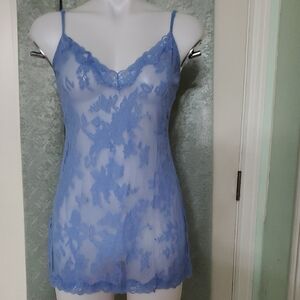 VintageVictoria's Secret Blue Lace embroidery Chemise/ with Spaghetti Straps SzL